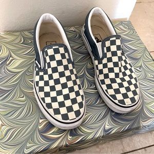 VANS Slip-on Dark Teal Blue and Ivory Checkered Sneaker SIZE 8